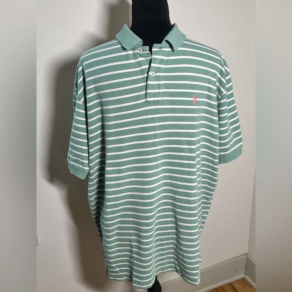 Polo by Ralph Lauren Mint Green and White‎ Striped pique Polo Sz XL